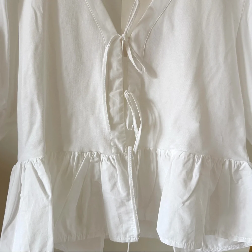 Zara White Peplum Tie-Front Puff Sleeve Blouse